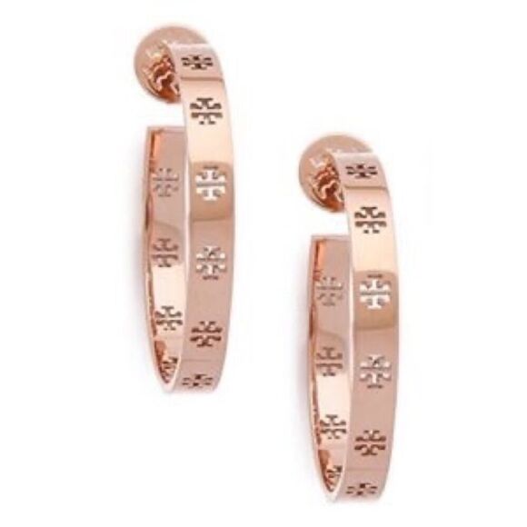New Tory Burch Rose Logo Cut Out Stud Hoop Earrings - Picture 1 of 4